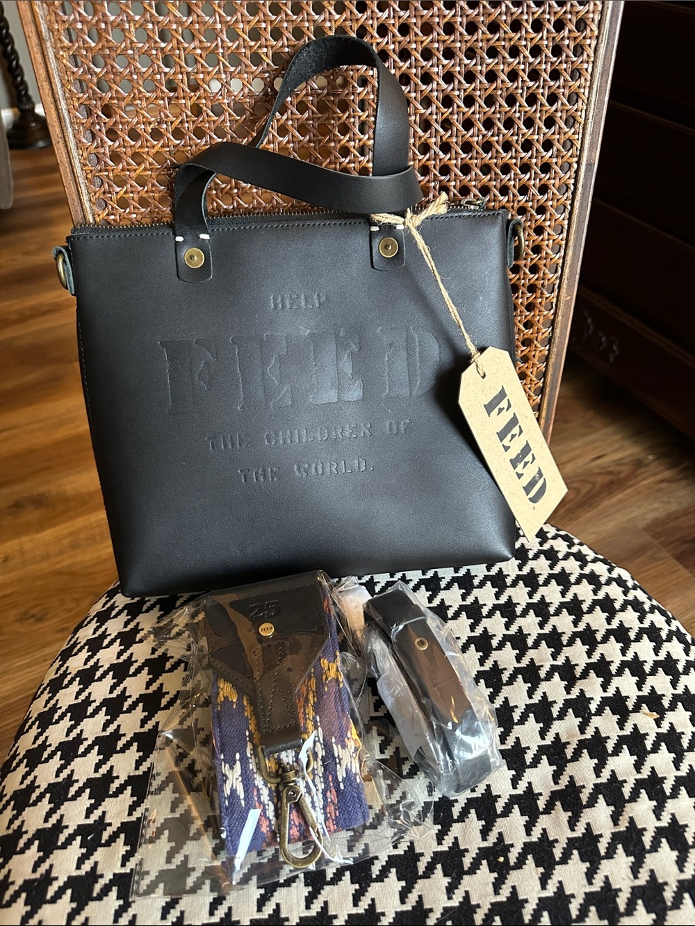 FEED Black Leather Crossbody Tote Bag with Detachable Strap
